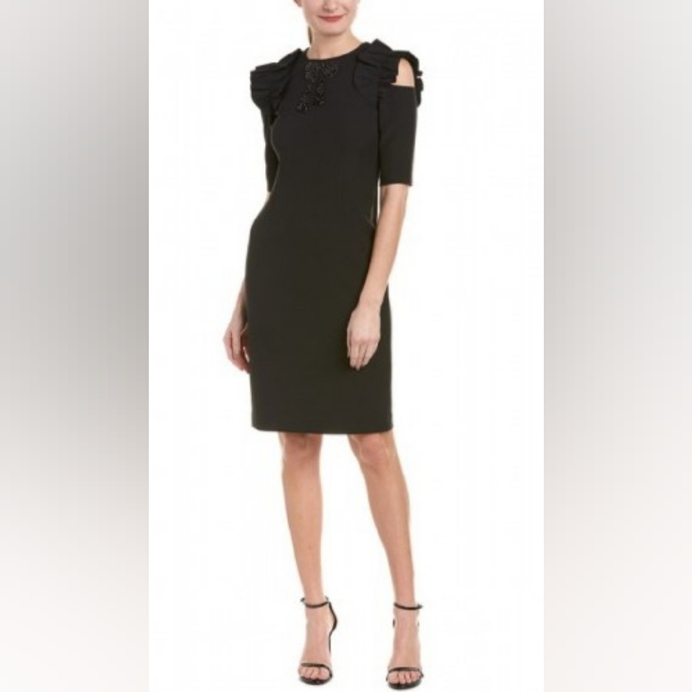 Teri Jon Ruffle Shoulder Sequin Bow Accent Black Dress Size 4